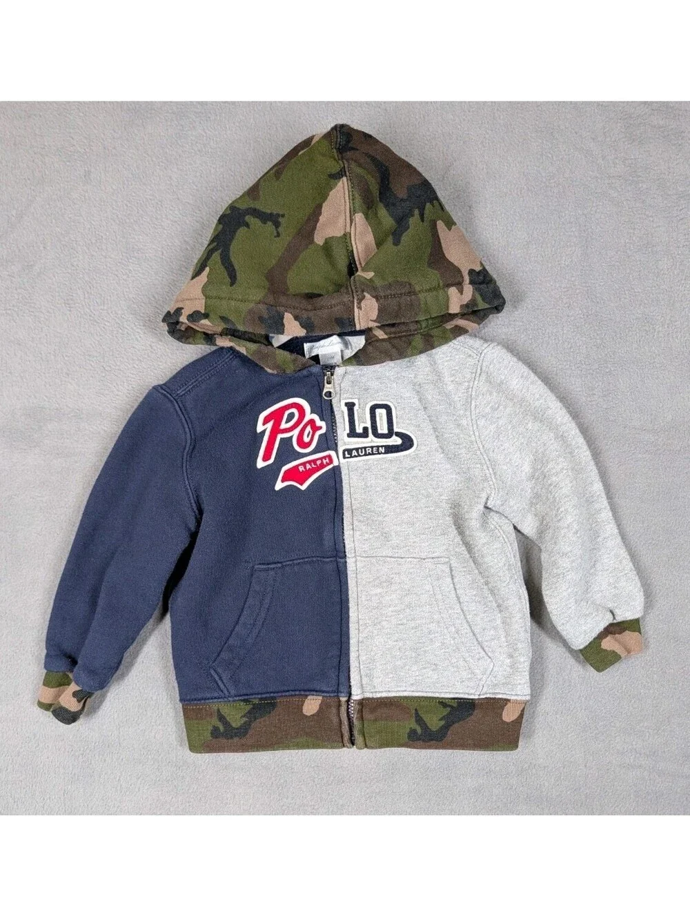 Polo Ralph Lauren Boys 24M Blue Gray Camo Polo Bear Hoodie Bodysuit 3pcs Lot